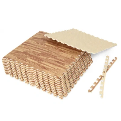 Costway 12 Tiles Wood Grain Foam Floor Mats With Borders In Multi
