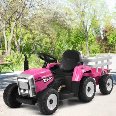 Costway 12 Volt 1 Seater Tractor / Construction Battery Powered Ride On With Remote Control In Pink