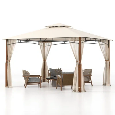 Costway 12 X 10 Feet Outdoor Patio Gazebo With Netting And 2-tier Canopy Roof-beige In Brown
