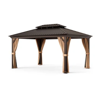 Costway 12' X 16' Double-roof Hardtop Gazebo With Galvanized Steel Roof-coffee In Black