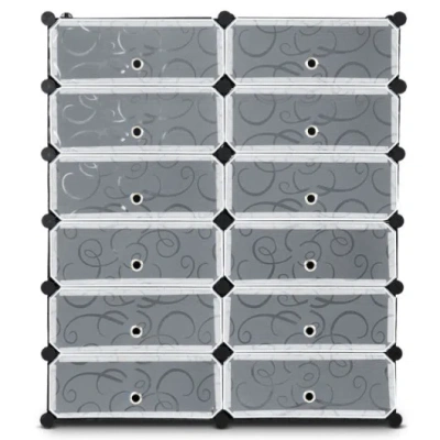 Costway 12-cube Diy Portable Plastic Shoe Rack With Transparent Doors-black In Multi