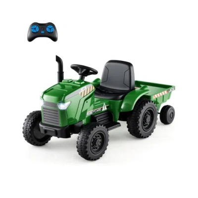 Costway 12v 2-in-1 Kids Ride On Tractor With Trailer And 3-gear Shift-grayish Green In Multi