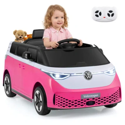 Costway 12v Kids Electric Car Bus With Music And Led Headlights Licensed Volkswagen-pink In Multi