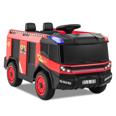 Costway 12v Kids Ride On Fire Truck 2-seater With Remote Control And Water Gun-red In Multi