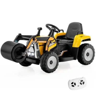 Costway 12v Kids Ride On Road Roller With 2.4g Remote Control-yellow In Black