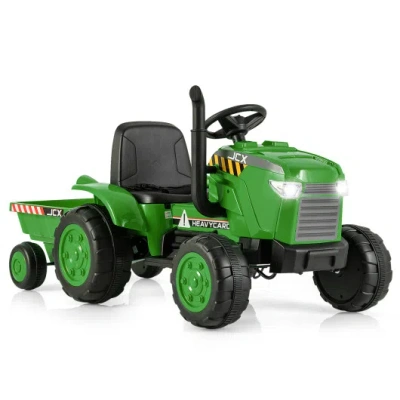Costway 12v Kids Ride On Tractor With Trailer And Remote Control-green In Multi