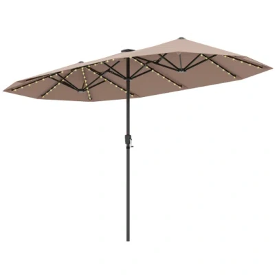 Costway 13 Ft Large Patio Umbrella With Led Solar Lights And Crank Handle-coffee In Neutral