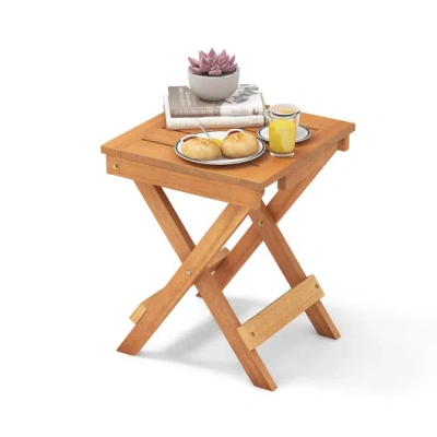 Costway 14 Inch Compact Folding Side Table With Slatted Tabletop In Brown