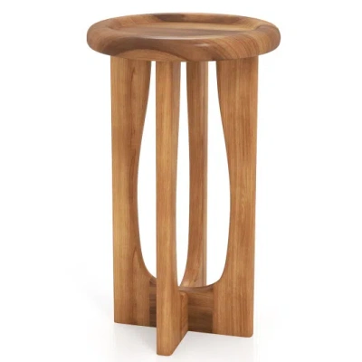 Costway 14 Inch Farmhouse End Table With Round Tray Top And Wood Cross Legs In Brown