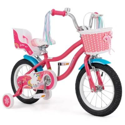 Costway 14 Inch Girls Bike For 3-5 Years Old Kids Bike With Doll Seat And Training Wheels In Multi