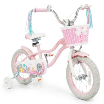 Costway 14 Inch Kids Bike Adjustable With Basket And Streamers For Girls Aged 3-5 Years Old Pink In Animal Print