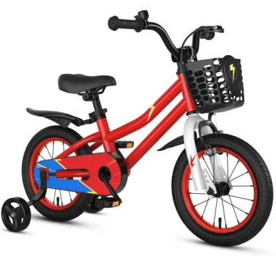 Costway 14 Inch Kids Bike Red With Blue Helmet Protective Set In Multi