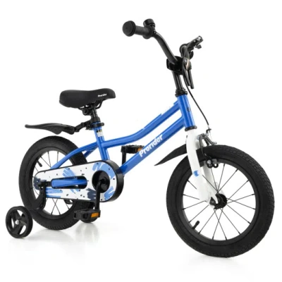 Costway 14 Inch Kids Bike With 2 Training Wheels For 3-5 Years Old-blue In Black