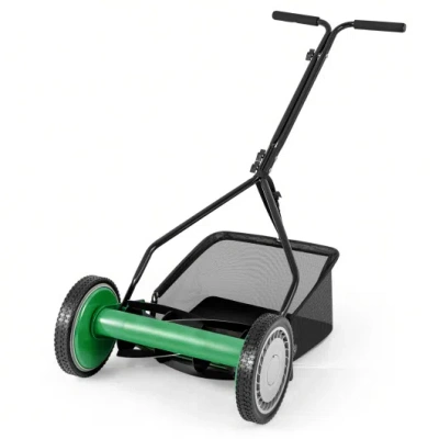 Costway 14 Inch Push Lawn Mower With 5 Steel Blades And Grass Catcher Bag-green In Black