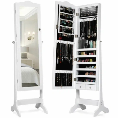 Costway 14 Led Jewelry Armoire Cabinet With Full Length Mirror And 4 Tilting Angles-white In Multi