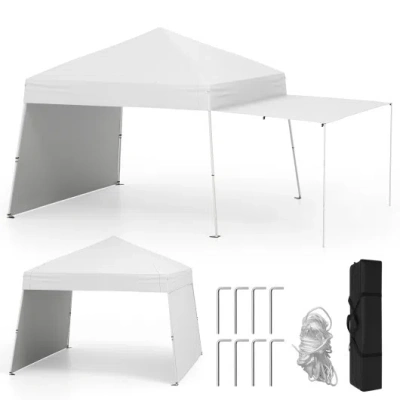 Costway 14 X 9.2 Feet Pop Up Canopy Tent With 2 Convertible Sidewalls To Awning And Stakes-white