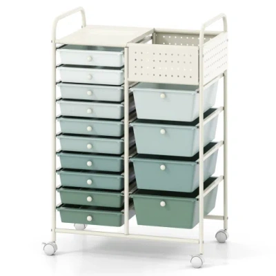 Costway 14-drawer Rolling Storage Cart With Metal Tabletop And Pegboard-gradient Green In Gray