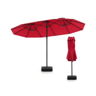 Costway 15 Feet Double-sided Twin Patio Umbrella With Crank And Base-red In Multi