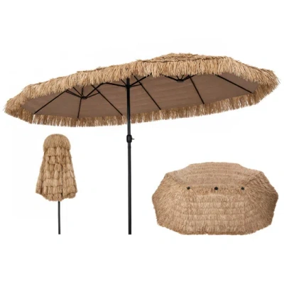 Costway 15 X 9 Ft Double-sided Thatched Tiki Patio Umbrella With Crank Handle And 12 Sturdy Ribs-brown In Multi