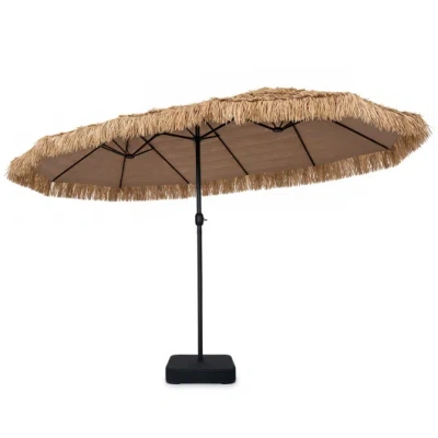 Costway 15 X 9 Ft Solar Double-sided Patio Umbrella Base Included For Garden Bar-brown In Multi