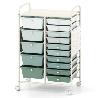 Costway 15-drawer Rolling Storage Cart With Metal Tabletop And Pegboard-green In Gray