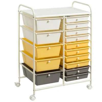 Costway 15-drawer Storage Rolling Organizer Cart-yellow In Multi