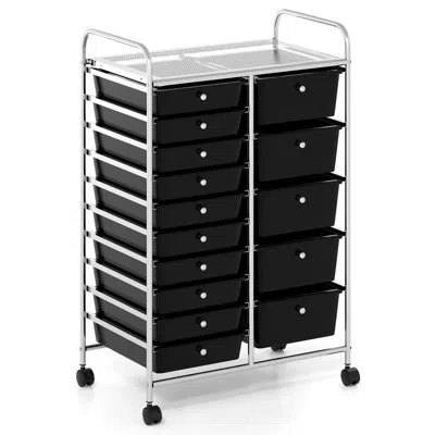 Costway 15-drawer Trolley With Chrome Plated Metal Frame & Lockable Universal Wheels White In Black