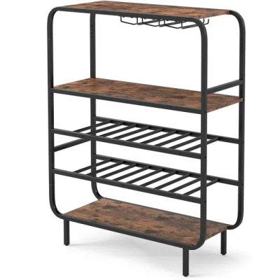 Costway 16 Bottle Wine Rack With 5-tier Wine Shelf And Glass Holders For Kitchen Bar-rustic Brown In Multi