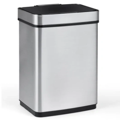Costway 16 Gallon Trash Can Infrared Motion Sensor Garbage Can With Dual Compartments-silver In Gray