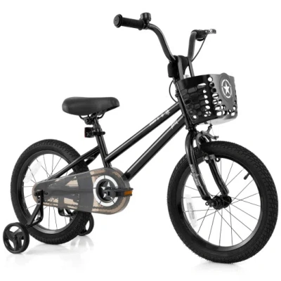 Costway 16 Inch Kids Bike With Basket And Training Wheels For Children Aged 4-7 Years Old In Black