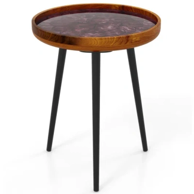 Costway 16 Inch Round End Table With Sea Shell Decoration And Epoxy Resin Finish-brown