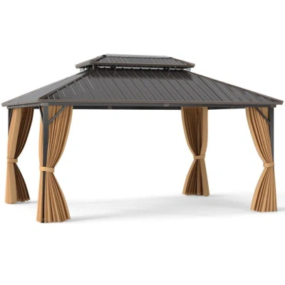 Costway 16 X 12 Feet Hardtop Gazebo Aluminum Frame Permanent Pavilion With Curtains And Netting-coffee In Black