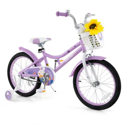 Costway 18 Inch Girl Bike With Basket With Detachable Training Wheels For 4-8 Years Old In Purple