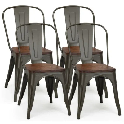 Costway 18 Inch Height Set Of 4 Stackable Style Metal Wood Dining Chair-dark Green In Black