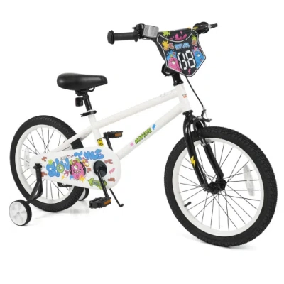 Costway 18 Inch Kids Bike With Training Wheels For Ages 4-8 Years Old White- Street Art Time In Multi