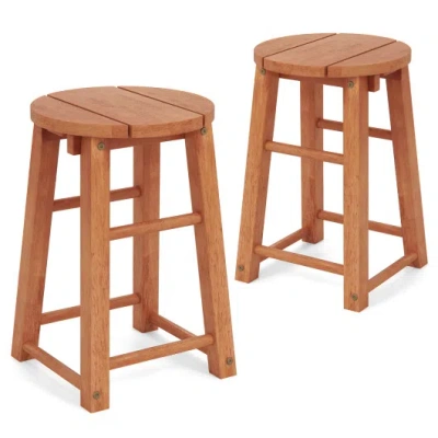 Costway 18-inch Outdoor Wood Bar Stools Set Of 2 With Round Seat And Footrest In Brown