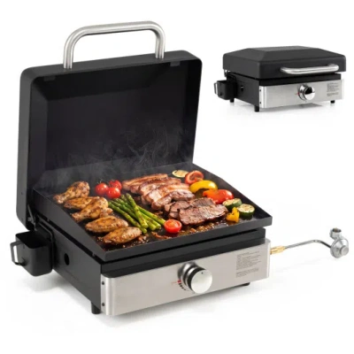Costway 1-burner Portable Gas Griddle With Lid Non-stick Ceramic Griddle Plate-black In Silver
