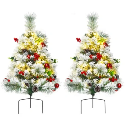 Costway 2 Feet Set Of 2 Pre-lit Pathway Flocked Christmas Trees Battery Powered In Multi