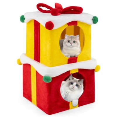 Costway 2 Gift Box Shaped Cute Christmas Cat House With Bow-multicolor
