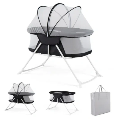 Costway 2 In 1 Baby Bassinet With Rocking Motion Foldable Bedside Sleeper With Breathable Mesh-black In Gray
