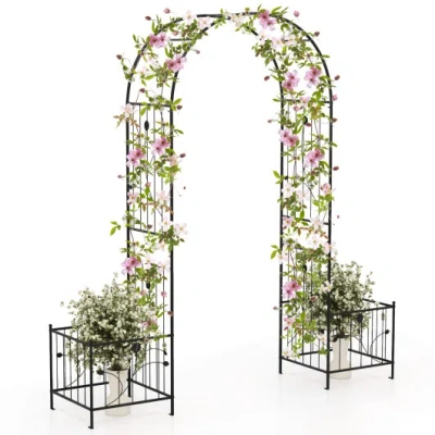 Costway 2 In 1 Garden Arbor With 2 Side Planters And 8 Ground Stakes-black In Green