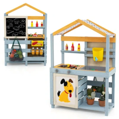 Costway 2 In 1 Wooden Mud Kitchen With Removable Water Box And Storage Bag-gray In Multi