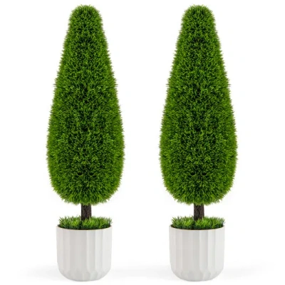 Costway 2 Pack 3 Feet Artificial Cedar Teardrop Shaped Bush With Plastic Nursery Pot-green