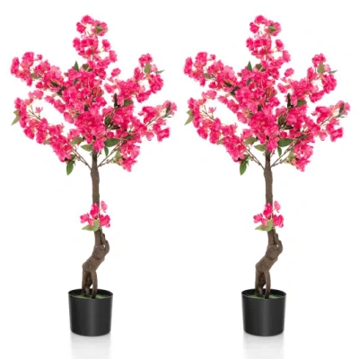 Costway 2 Pack 41 Inch Artificial Plum Blossom Tree Fake Floral Plant With 92 Flowers-red In Pink