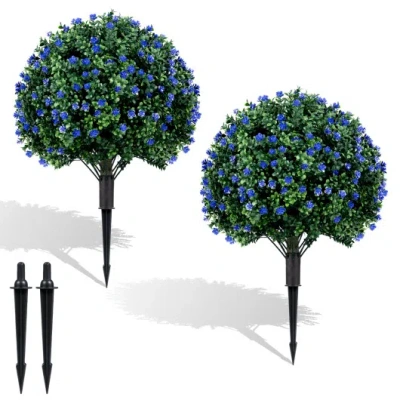 Costway 2 Pack Artificial Camellia Boxwood Topiary Ball Trees 27.5 Inches Faux Floral Shrubs In Multi