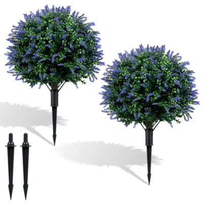 Costway 2 Pack Artificial Lavender Boxwood Topiary Ball Trees With Ground Spikes In Multi