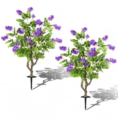 Costway 2 Pack Artificial Locust Flower Trees 39 Inch Fake Evergreen Shrubs With Ground Spikes-purple