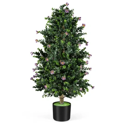 Costway 2 Pack Artificial Topiary Cone Tree Faux Potted Shrub Plant With 49 Flowers-purple In Green
