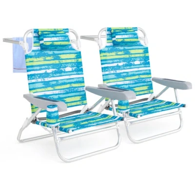 Costway 2 Pack Folding Beach Chair With Adjustable Positions And Head Pillow-green In Blue