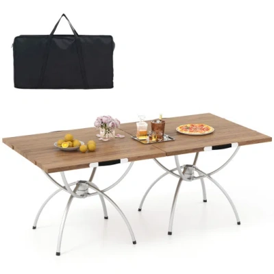 Costway 2 Pack Folding Camping Table With Wood-grain Tabletop For Hiking Party-natural In Brown
